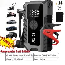Portable Emergency Starter, 5000A Jump Starter/Optional 10000A All-In-One Unit, 150PSI Air Inflator Pump, Type-C, LED Emergency Lighting, Gasoline Engine Starting- Rechargeable Lithium Polymer Batter.Car Acessesories, Gift Recommendations - 黑色的 - 查看 1