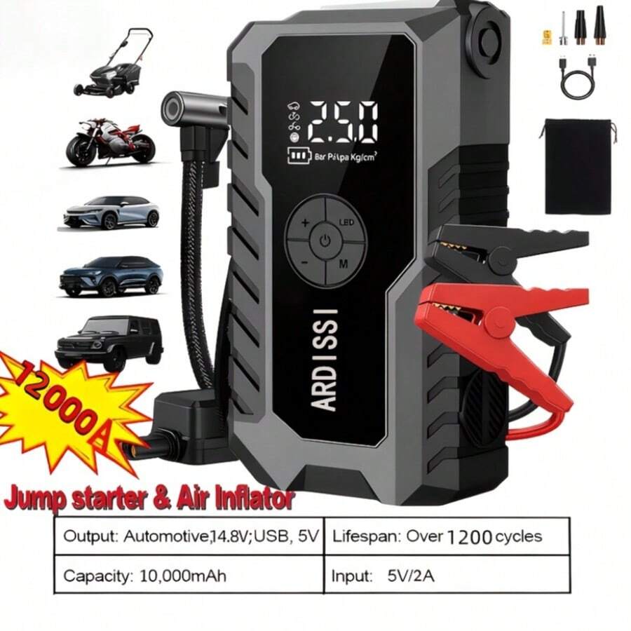Portable Emergency Starter, 5000A Jump Starter/Optional 10000A All-In-One Unit, 150PSI Air Inflator Pump, Type-C, LED Emergency Lighting, Gasoline Engine Starting- Rechargeable Lithium Polymer Batter.Car Acessesories, Gift Recommendations - 黑色的 - 查看 1