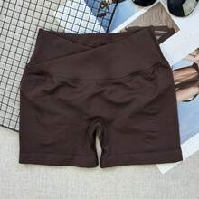 Women's Athletic Shorts, Criss-Cross Waistband Design, Yoga Shorts Sports Summer - Mocha Brown - View 2