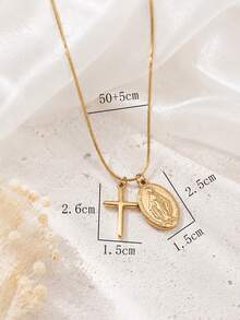 1pc Stainless Steel Vintage French Style 18K Gold Plated Oval Virgin Mary Relief Pendant Cross Double Pendant Necklace - Multicolor - View 2