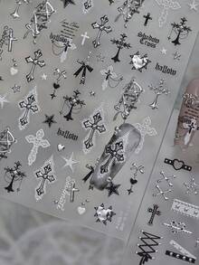 1pc Metal Nail Art Sticker, New DIY Dark Style Hot Girl Nail Decal With Lace Cross Decoration - Multicolor - View 4