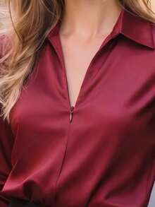 Elegant Women's Burgundy Long Sleeve Turn-Down Collar Shirt, Regular Fit Polyester Blouse, Front Zipper Design, Suitable For Autumn Fashion - Burgundy - View 4