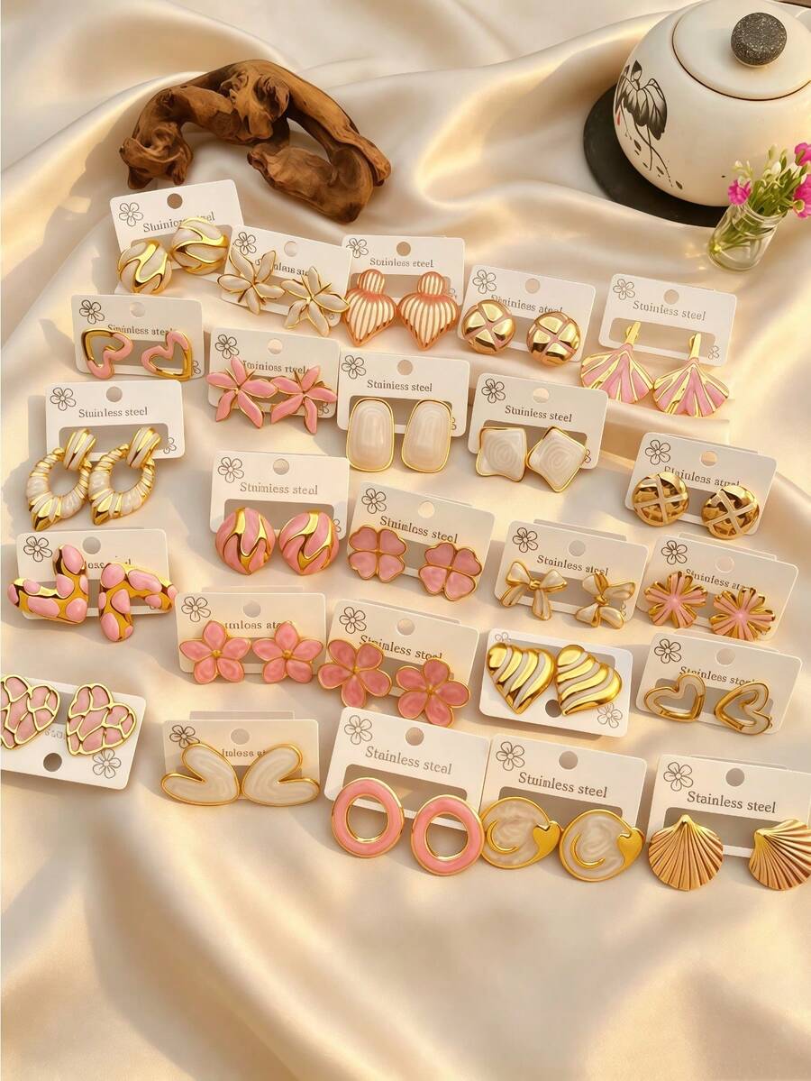 4/8/16/24/32-Piece Set: Vintage Sweet Pink & Gold Heart-Shaped Wavy Stainless Steel Earrings – Women's Jewelry, Party Accessories, Elegant Accessories For Women - Multicolor - View 1