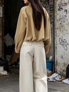 European And American Fashion Women's Casual Commute Versatile Solid Color Zipper Metal Button Shawl Collar Short Jacket Coat Suitable For Daily Wear, Dating, Home, Spring And Autumn - Khaki - View 2