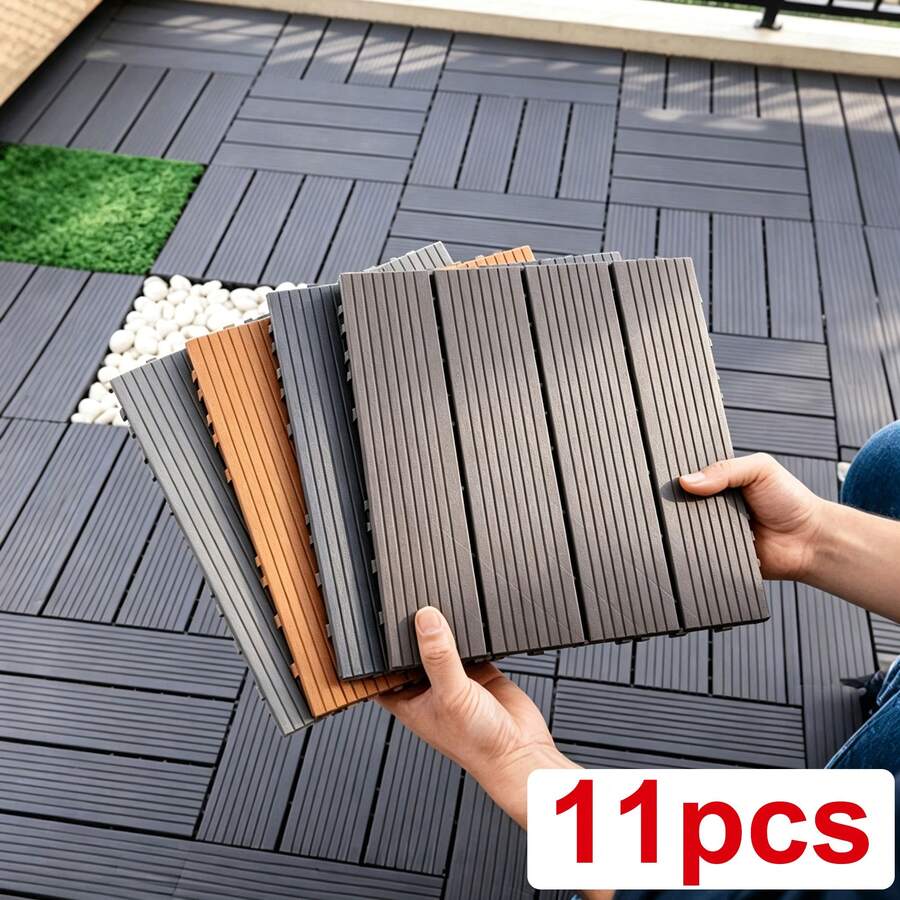 Waterproof Interlocking PVC Deck Tiles, 11Pcs Non-Slip Patio Flooring Tiles, Weather Resistant For Garden Balcony Terrace - Multicolor - View 1