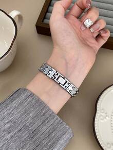 1pc Silver-Gold Oval Design Green Dial Elegant Women's Watch, Bracelet Style Fashion Minimalist Casual - Silver - View 5