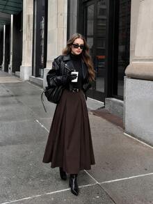 High Waist Patchwork Long A-Line Skirt, Women's Solid Brown Flared Hem Maxi Skirt, Autumn/Winter - Dark Brown - View 6