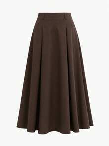 High Waist Patchwork Long A-Line Skirt, Women's Solid Brown Flared Hem Maxi Skirt, Autumn/Winter - Dark Brown - View 7