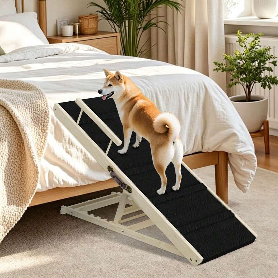WHIFFEE Dog Ramp For Couch, Bed Or Car, Wooden 44" Long Pet Stairs For Small & Large Old Dogs & Cats, Hold Up To 200lb, 5 Adjustable Height From 15.4" To 22.5", Portable Doggie Steps, Excellent Traction