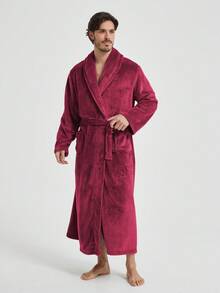 1pc Men's Solid Color Flannel Bathrobe, Shawl Collar Long Plush Bathrobe, Soft Casual Home Bathrobe, Comfortable Home Bathrobe - Multicolor - View 10