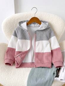Spring/Autumn New Girls' Hooded Jacket, Gray/White/Pink Three-Section Color Block Cable Knit Textured Fabric, Full Zip Loose Casual Cardigan Top For Outdoor Wear - Multicolor - View 3