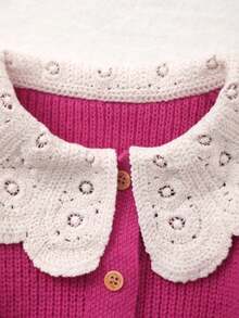 Tween Girl Knitted Embroidered Floral Collar Cardigan - Hot Pink - View 6