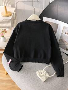 Girls Cute Solid Color 3D Bow Short Knit Cardigan Sweater, Suitable For Casual Daily Wear In Spring And Autumn - Black - View 2