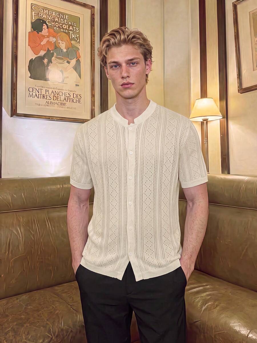 Men Old Money Style Hollow Knit Short Sleeve Cardigan, Diamond Texture Breathable Top, Casual Blouse For Vacation Daily Wear - Apricot - View 1