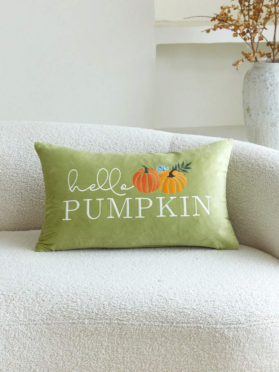 1件感恩節綠色字母「Hello Pumpkin」南瓜刺繡枕套，19.6*11.8英吋，適合室內裝飾，豐收節裝飾枕套，不含枕芯
