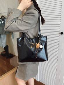 女款復古亮面托特包，極簡大容量腋下肩背包，通勤百搭休閒手提包（不含吊飾） - 黑色 - 查看 12