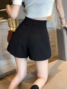 Vintage Design Asymmetrical A-Line Niche Button Low Waist Casual Slimming Wide Leg Skorts Black Summer - Black - View 6