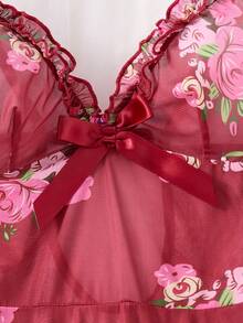 2pcs Sexy Lingerie Sleepwear Set, Includes Matching Thong, Exquisite Ruffle Hem, Vibrant Floral Pattern - Burgundy - View 5