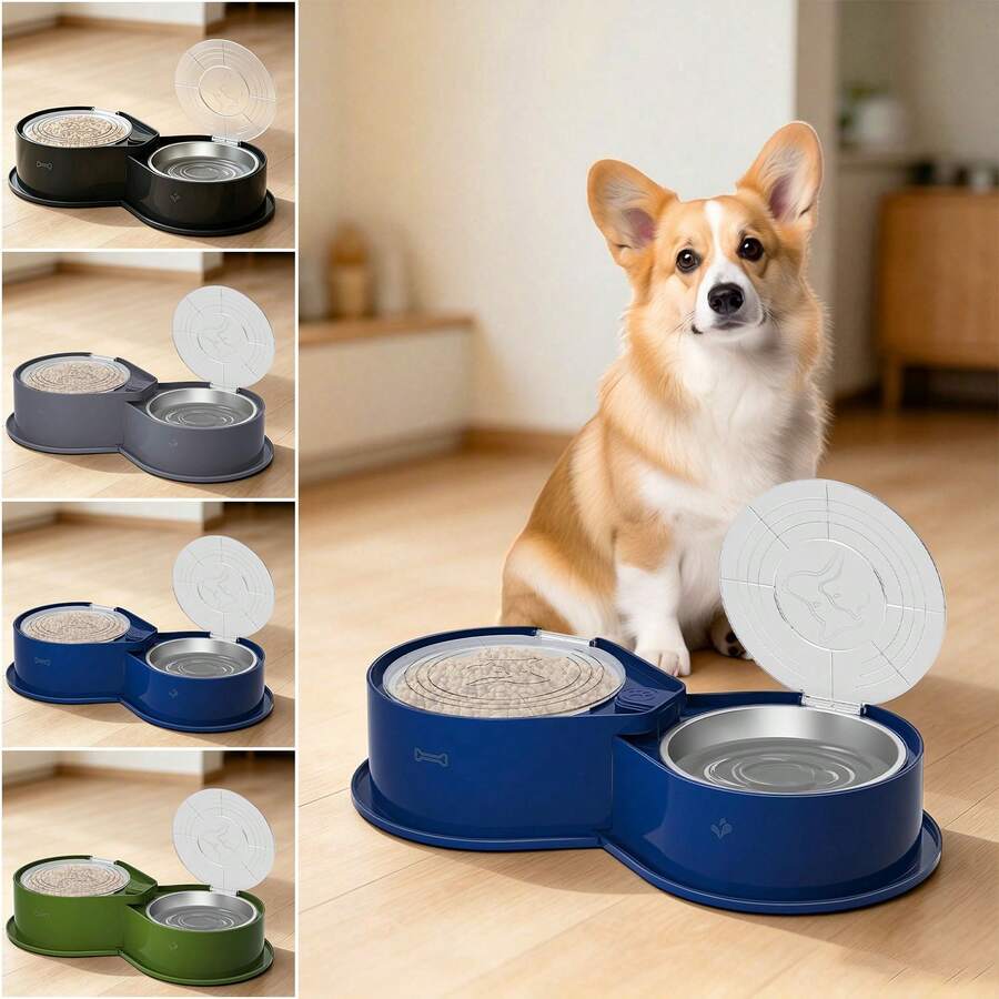 Detachable Double Pet Bowl Feeder Set With 304 Stainless Steel Bowls, Transparent Dustproof Lids, Non-Slip Base, Easy Plug-In Assembly, Multi-Color For Travel & Home - 800ml - View 1