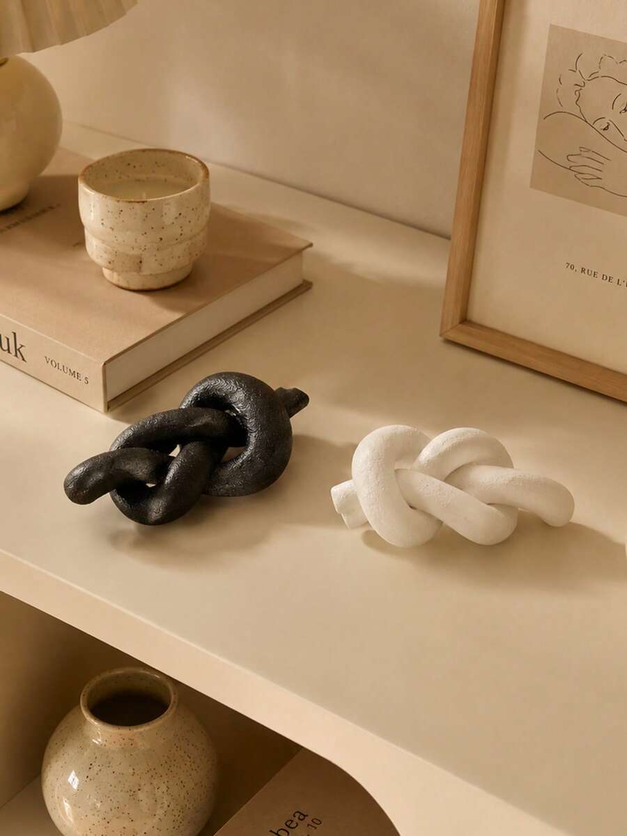 1pc Abstract Knot Sculpture, Modern Textured Resin Interlocking Figurine, Black Or White, Minimalist Desktop Decor, Suitable For Living Room, Bookshelf, Coffee Table, Desk, Entryway, Perfect As Housewarming Gift - New - View 1
