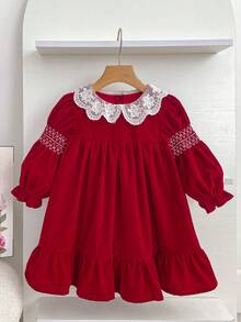 Girls Princess Dress Lace Collar Red Christmas Long Sleeve Dress Spring Autumn Girls Children Holiday Party Dress - Red - View 2