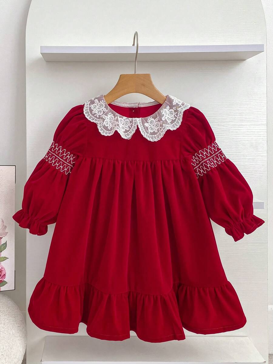 Girls Princess Dress Lace Collar Red Christmas Long Sleeve Dress Spring Autumn Girls Children Holiday Party Dress