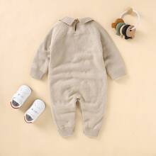 1pc Baby Knit Sweater Romper, Doll Collar Cable Knit Long Sleeve Bodysuit, Open Crotch Design, Daily Wear For Unisex Infants - Camel - View 6