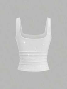Unity Top Halterneck feminino, verão, gola quadrada, cor sólida, ajuste fino, plissado. - Branco - Visão 3