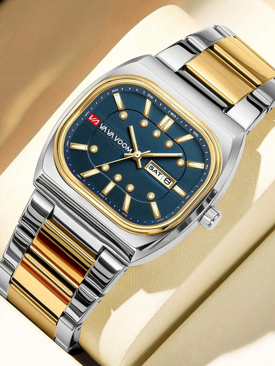 男士手錶 40mm 方形錶殼 雙日曆錶盤 雙色不鏽鋼錶帶 螢光刻度 奢華商務風 時鐘 3Bar 防水等級 適合日常生活防水需求，男士節日禮物，日常通勤裝飾，正式場合搭配，戶外運動 VA VA VOOM 品牌原裝男士腕錶