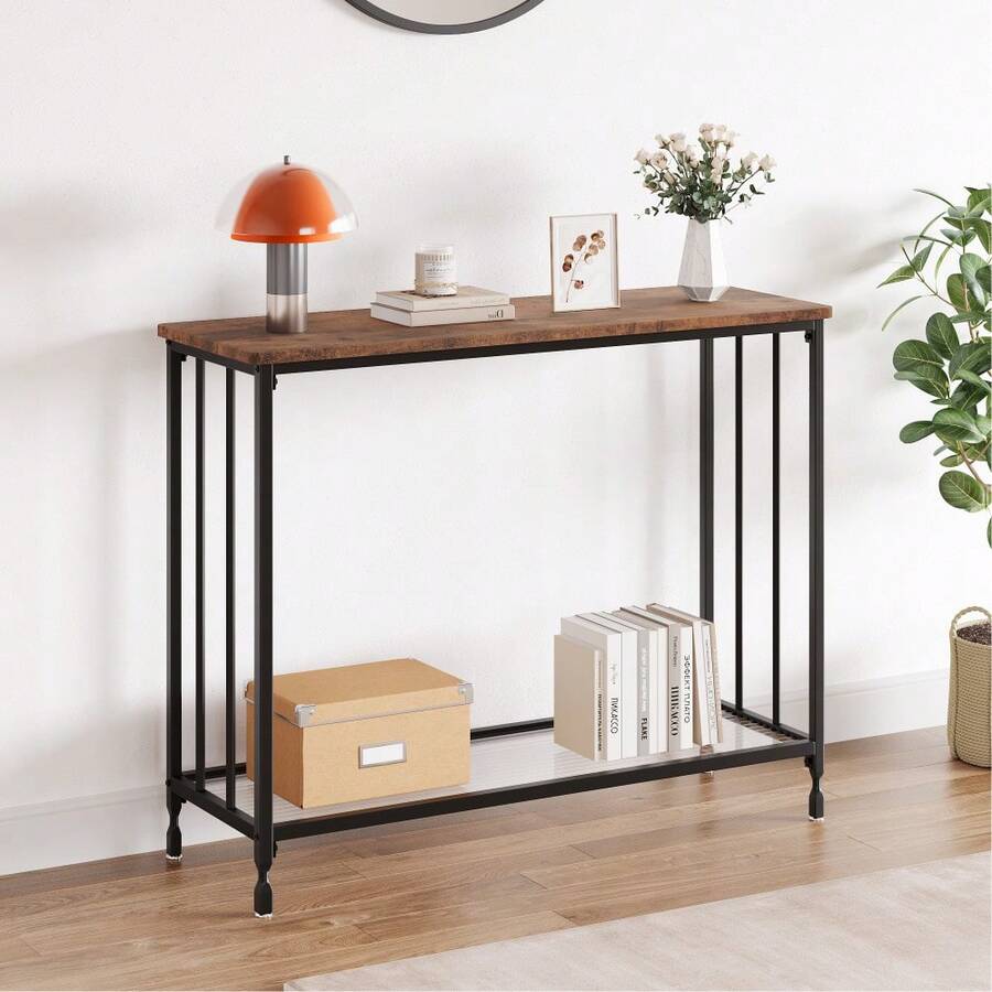 Kselythan Mesa consola estrecha estilo granja, mesas de salón, mesas auxiliares estrechas para recibidor, mesa de entrada con almacenamiento, mesa auxiliar para pasillo - Marrón - Ver 1
