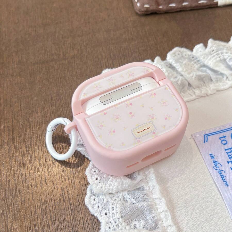 Magnetic Lid Earphone Case Pink Floral Pattern With Hanging Ring Earphone Shell Compatible With AirPods Pro 3 Protective Case Pro 2 Cute Apple 4 Simple 3 New 1/2 Generation Women's Earphone Case Protective Cover