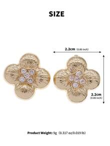 1 Pair Vintage Four-Leaf Clover Zirconia Stud Earrings, Gold Brushed Texture Flower Earrings, French Luxury Elegant Earrings, Vintage Brushed Texture Zirconia Earrings, Commute/Date/Daily Versatile Accessories - Gold - View 8