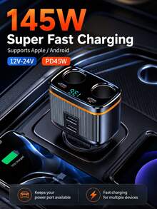 XF.Meraki 145W 12V/24V Dual Car Cigarette Lighter Splitter, With LED Voltage Display, PD 45W Type-C & QC 3.0 USB Fast Charging Adapter, 2-Port Multi-Port Car Charger, Compatible With IPhone, Galaxy, GPS, Dash Cam And Laptop - Car Charger - View 3
