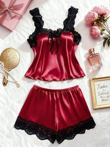 2pcs/Set New Colorblock Women's Sexy Lingerie Set, Lace Trim Ruffle Top + Lace Patchwork Panties, Comfortable Home Sleepwear Sexy Lingerie Set - Burgundy - View 3