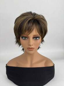 1pc High Temperature Fiber Elegant Fluffy Curly Short Hair Wig For Women, With Bangs, Rose Net Cap, Fashion Mixed Gold Brown Short Synthetic Wig - Brown - View 2