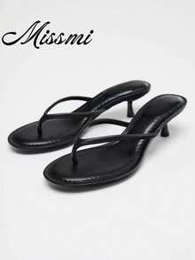 New Summer Women Shoes Brown Suede Mid Heel Sandals,Kitten Heels,Flip Flops - Black - View 2