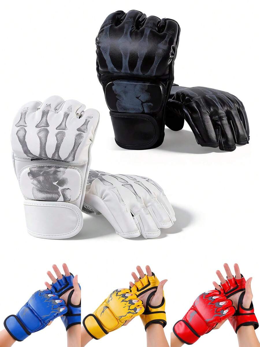 Ueasy 2pcs Adult Half-Finger MMA Boxing Training Gloves, Suitable For Sanda, Muay Thai, MMA And Other Sports. White, Black, Blue, Red - Perfect For MMA And Other Sports! - Multicolor - View 1