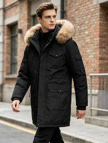 Men's Detachable Faux Fur Hood Workwear Parka Jacket, Winter Short Multi-Pocket Outdoor Windproof Thick Hooded Coat - Black - View 2