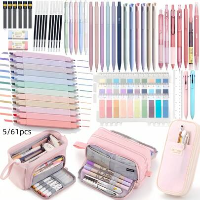 5/61PCS Aesthetic School Supplies With Cute Pencil Case,Highlighters,Black Ink Gel Pens,Mechanical Pencil Set 0.5mm For Students Stationary College Essentials,Office School Supplies Gifts For Women Men.Back To School.