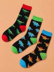 3/6 Pairs Unisex Dinosaur Series Mid-Calf Socks, Fun & Unique Street Style Colorblock Design, Soft & Comfortable For Daily Wear - Multicolor - View 3