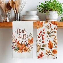 2件組廚房毛巾 秋季 Hello Fall 南瓜花環圖案印花 40*60cm 簡約風格長方形超細纖維廚房毛巾、洗碗布、桌布、手巾，感恩節廚房裝飾、家居裝飾、鄰居喬遷禮物，適用於廚房與浴室使用，適合家庭主婦與家庭聚會禮物，居家必需品 - 彩色 - 查看 7