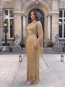 Luxury Sparkling Heavy Crystal Rhinestone Patchwork Long Tassel Small Round Neck Long Dress, Wedding Bridesmaid Dress, Formal Evening Gown Party Fall - Gold - View 7