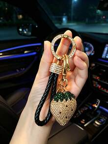 1pc Rhinestone Strawberry Keychain, Braided Strap Fruit Charm, Gold-Tone D-Ring Clasp Keyring, Cute Bling Kawaii Bag Pendant Accessory Gift For Women - Multicolor - View 12
