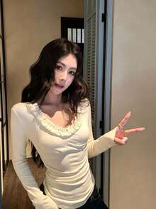 New Women's Sexy Backless Ruffle U-Neck Slim Fit Flattering Thermal Lined Long Sleeve Base Layer Top, Spring/Autumn - Apricot - View 6