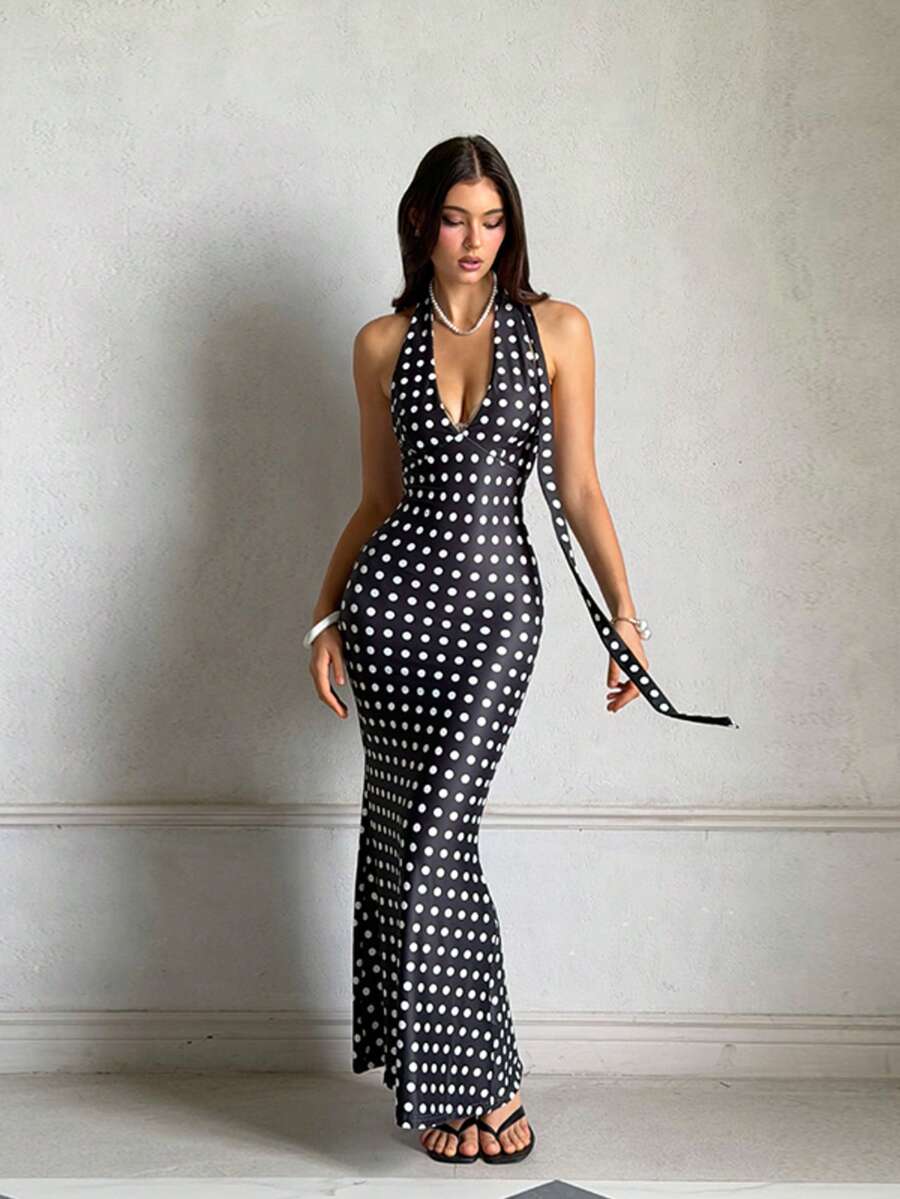 Women's Summer Black Halter Neck Polka Dot Print French Vintage Dress, Suitable For Party, Date