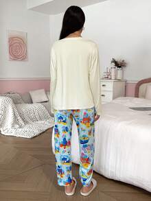 Noctvar SpongeBob SquarePants | OBM Sleepwear 2pcs Women Comfortable Round Neck Long Sleeve Top And Pants Pajama Set, Suitable For All Seasons - Yellow - View 2