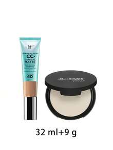 IT Cosmetics [حزمة] كريم CC+ أساس طبيعي مطفي SPF40 لون متوسط محايد 32 مل + بودرة تثبيت مضغوطة Bye Bye Pores شفافة 9 جم - متوسط محايد + شفاف - مشاهدة 2
