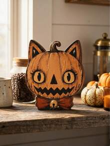 6pcs/1pc Vintage Halloween Indoor Decor, 15cm/5.91in Halloween Cat Wooden Shelf Decor Blocks, Skull, Black Cat, Primitive Style Halloween Decoration, Housewarming Gift, Gothic Style Wooden Cat Head, Handmade Distressed Antique Skull Cat Head, Indoor Decoration, Vintage Wooden Block Shelf Decor, 6 Styles Available, Collectible Figurines - Multicolor - View 19