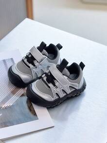 Infant Colorblock Functional Walking Shoes, Closed-Toe Anti-Kick Breathable Mesh Soft Sole Non-Slip Baby Hook And Loop Sports Shoes - Grey - View 2