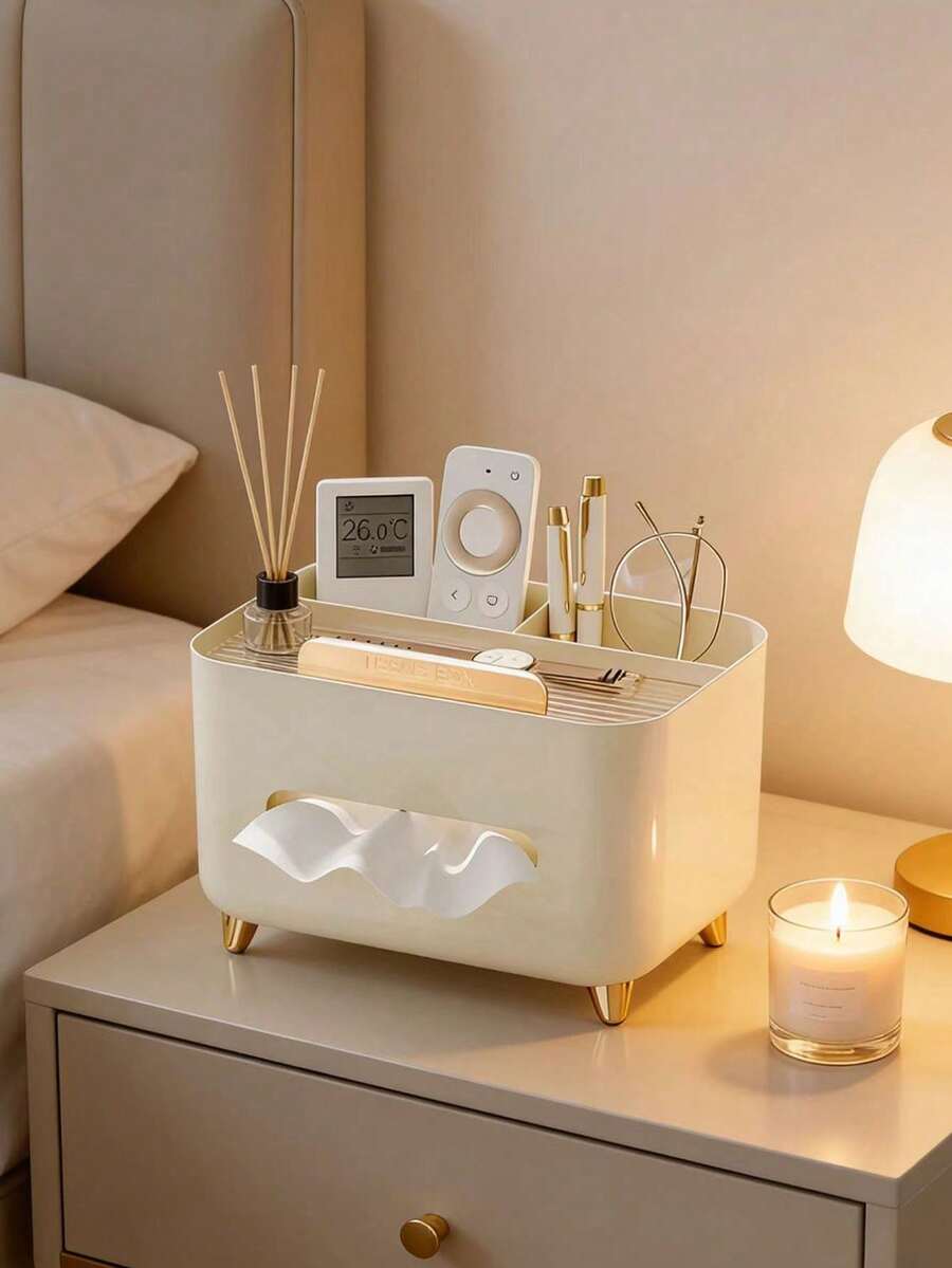 Minimalist Cream Color Rectangular Design, Gold Legs, Divided Large Capacity, Multi-Functional Remote Control Storage Desktop Organizer Box, Home Tissue Box, Suitable For Living Room, Bedroom, Office, Coffee Table, Christmas, Housewarming Gift - Multicolor - View 1
